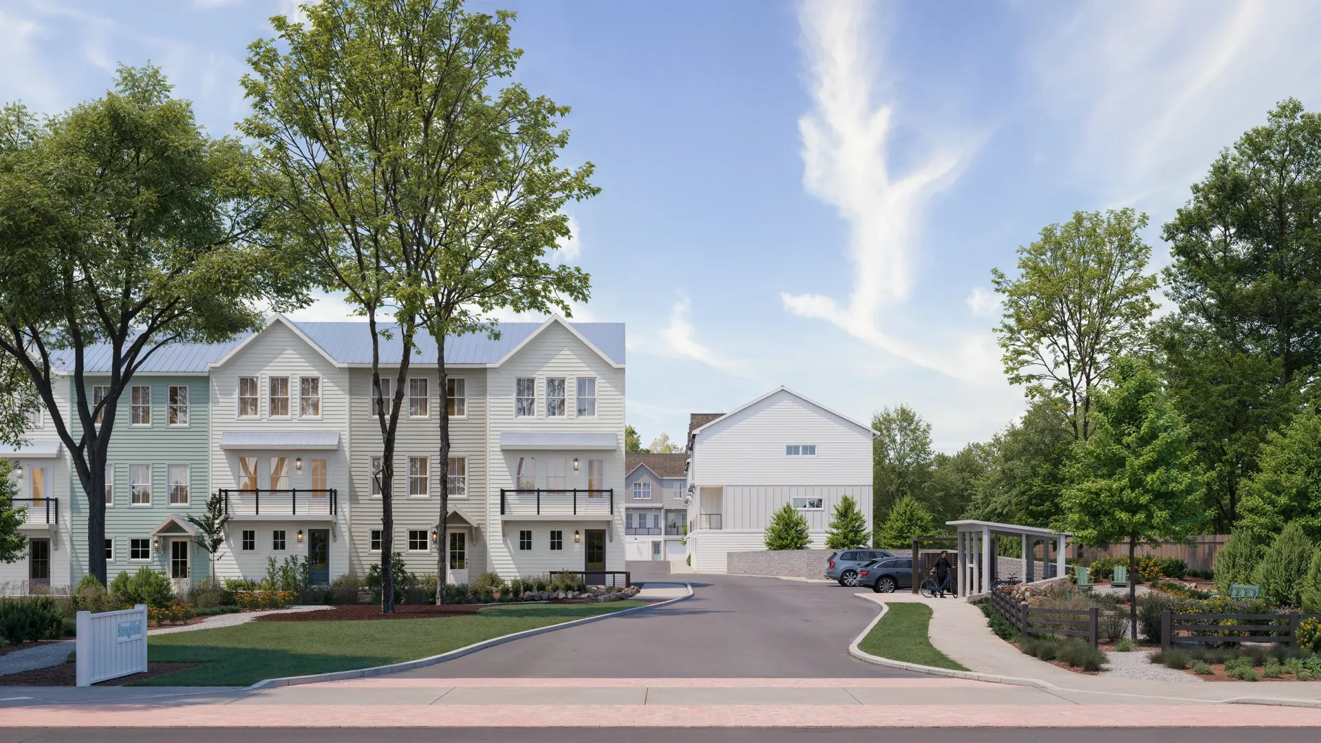 Exterior rendering of the homes at Songbird in Atlanta, GA, on a beautiful day.