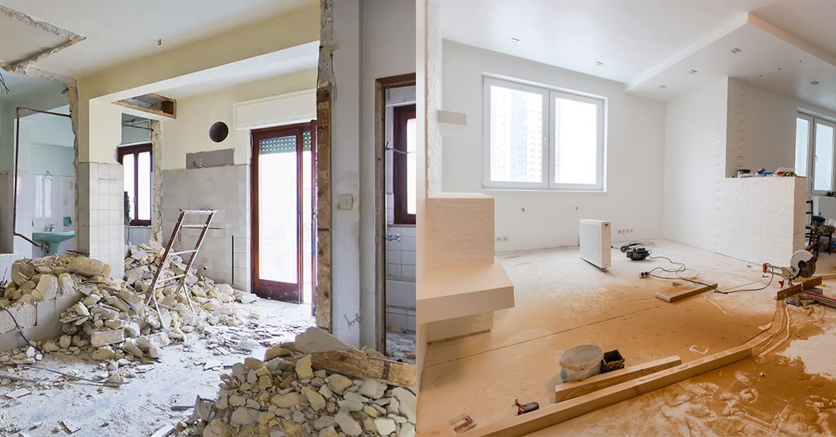 Split view showing a construction site with debris on the left and a freshly painted room with wood flooring on the right.