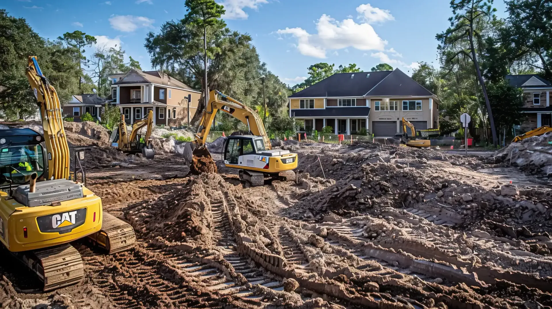 Two yellow CAT excavators work on a muddy construction site in front of suburban houses.