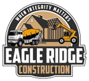 Logo for Eagle Ridge Construction featuring a house, cement truck, and telehandler with the text: When Integrity Matters.