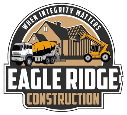 Logo for Eagle Ridge Construction featuring a house, cement truck, and telehandler with the text: When Integrity Matters.