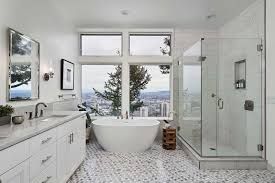 Modern white bathroom with a freestanding tub, glass shower, double vanity, and large windows overlooking a city view.