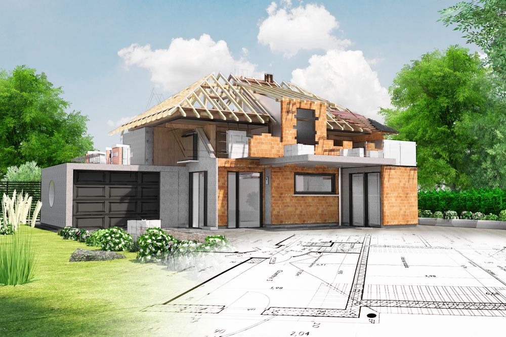 A house under construction, with a partial digital floor plan overlaying the front lawn.