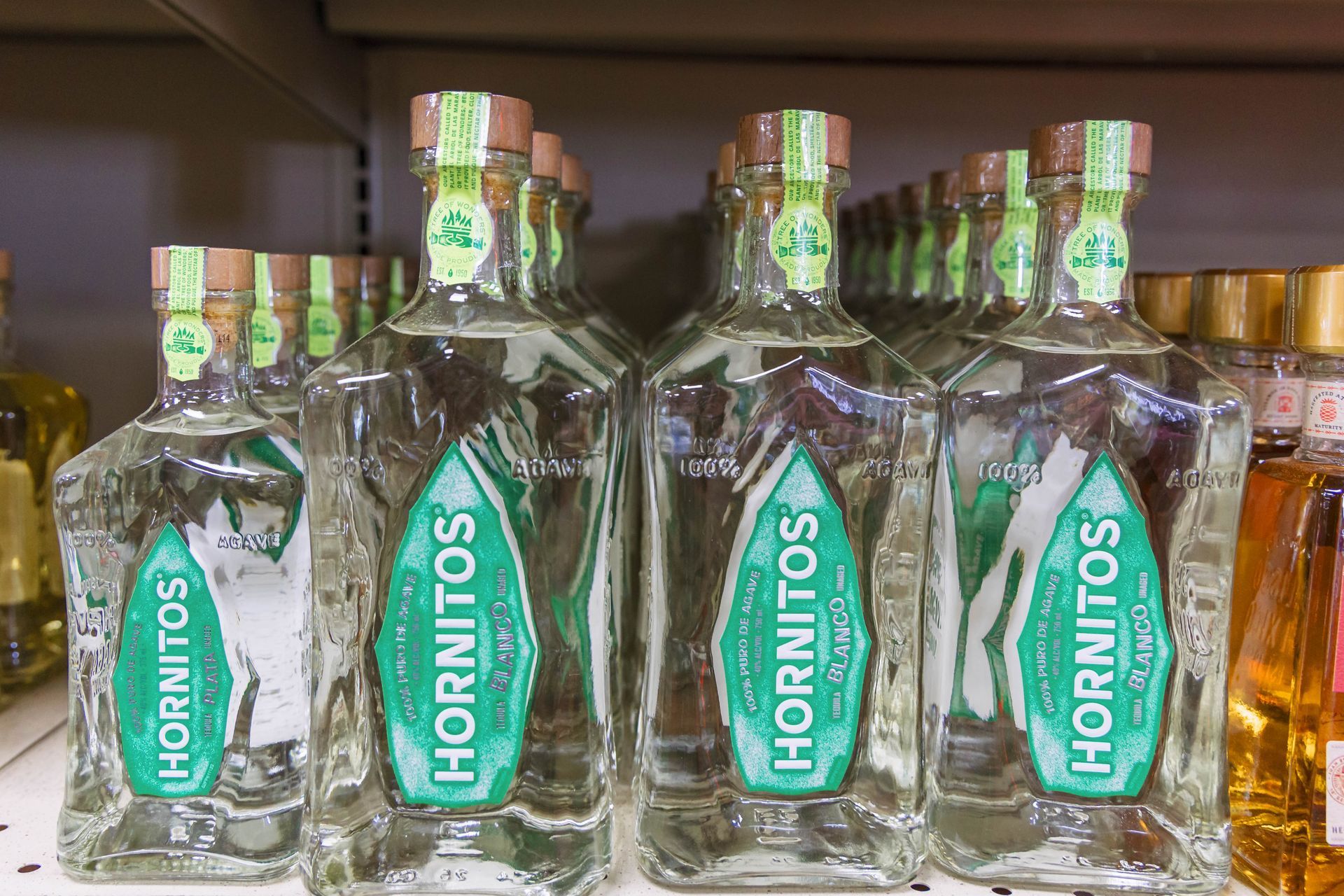 Bottles of Hornitos tequila on a store shelf, with green and white labels.