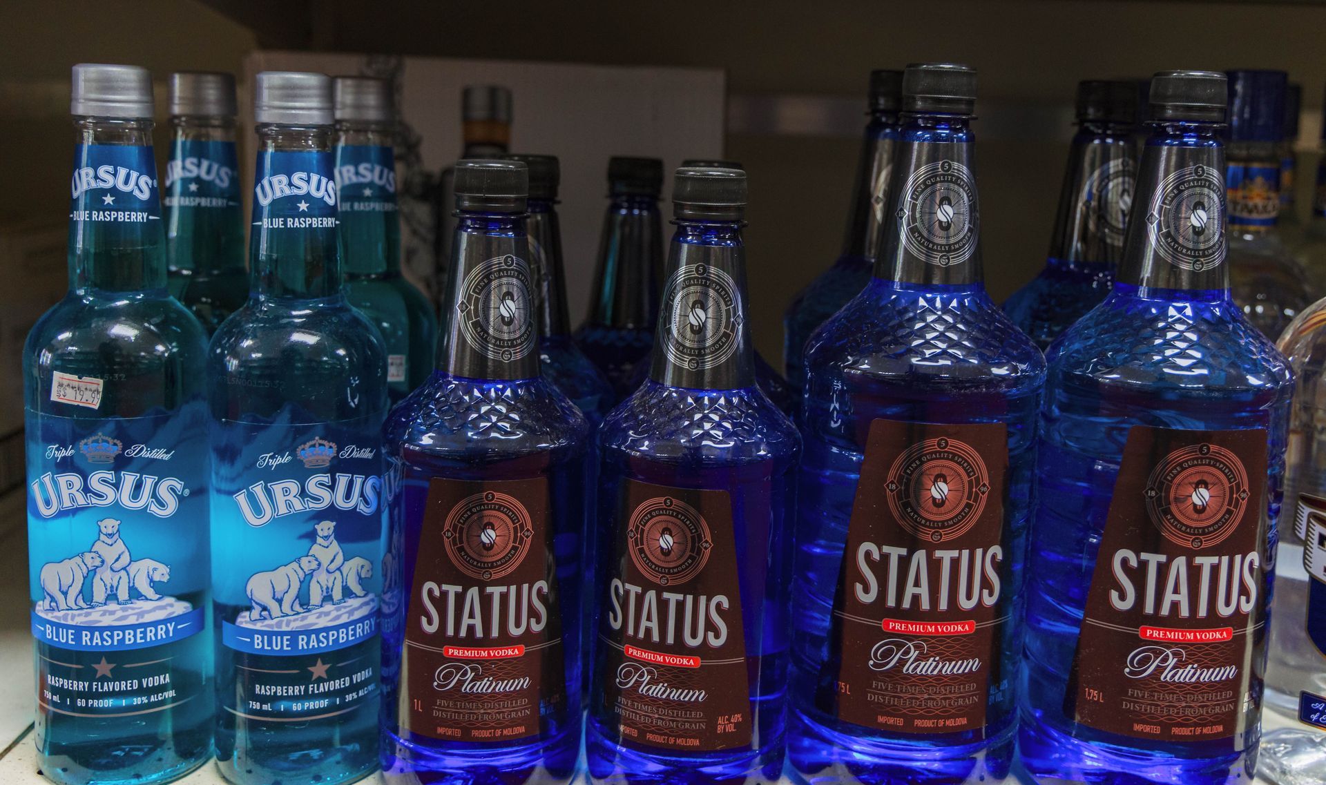 Bottles of blue alcohol:
