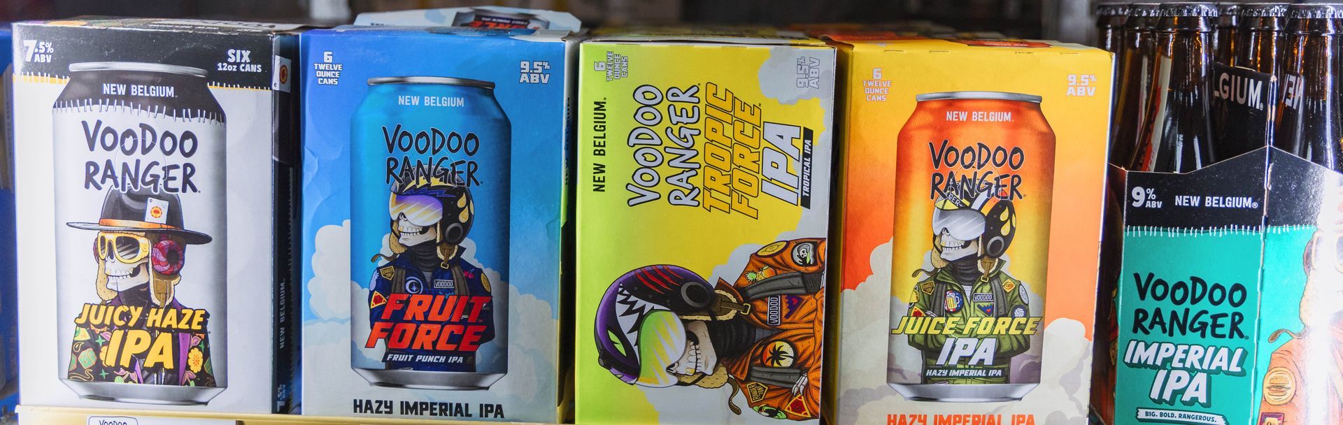 Shelves with various Voodoo Ranger IPA cans.