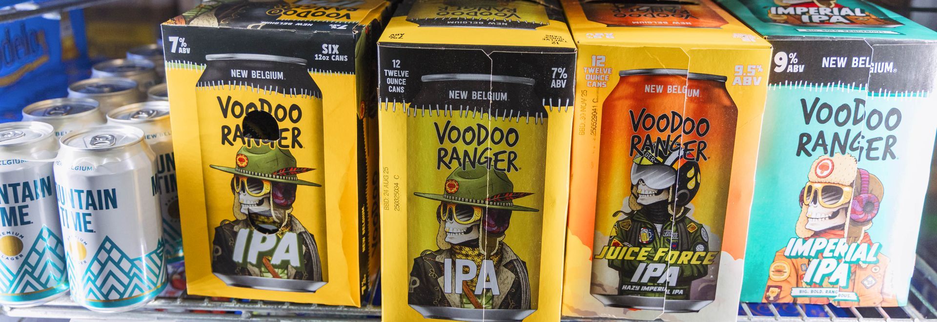 Cases of beer on a shelf, including Voodoo Ranger IPA and Imperial IPA.