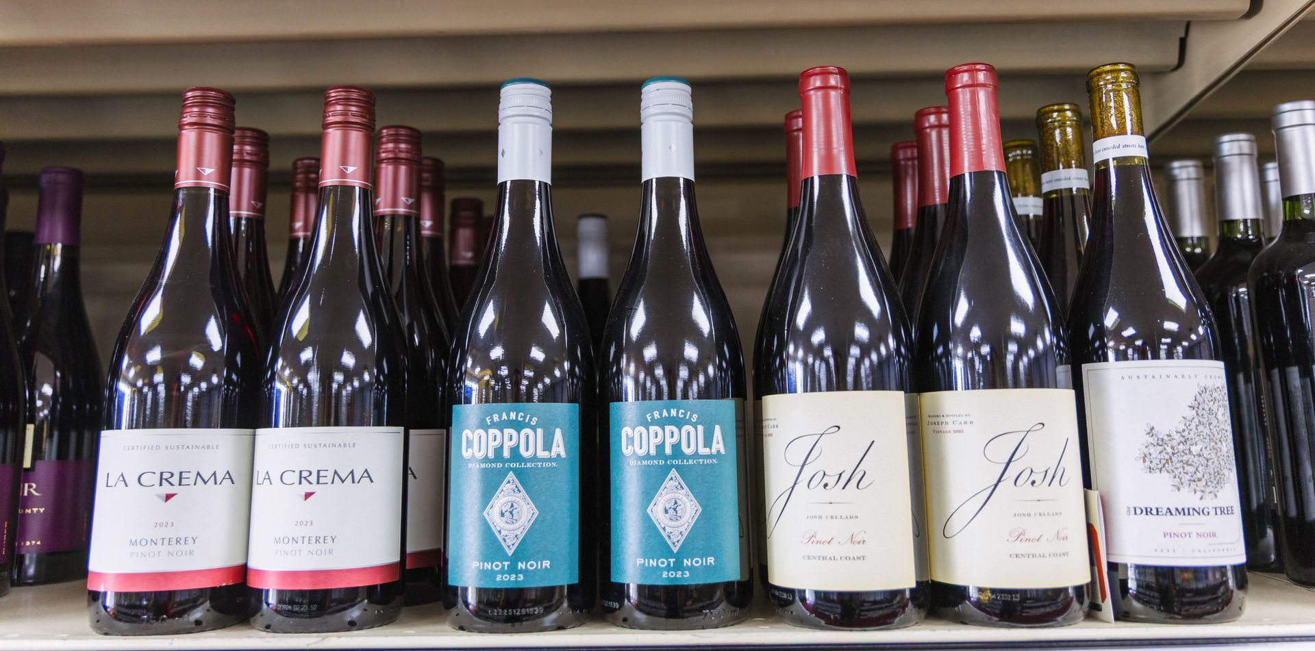 Bottles of wine with colorful labels on a shelf in a store.