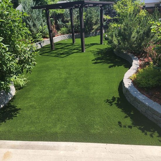 A lush green lawn with a pergola in the background