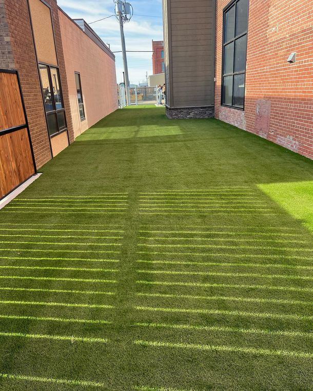A lush green lawn in front of a brick building.