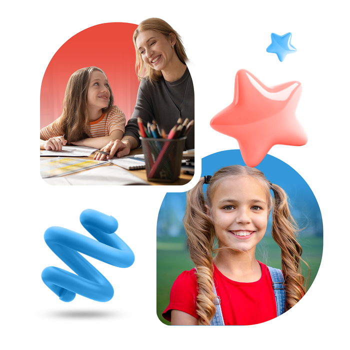 Admire ABA Therapy logo and hero section with caregiver supporting child and playful 3D star graphics