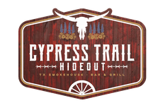 Cypress Trail Hideout logo: wooden sign with text and cattle skull, TX smokehouse, bar & grill.