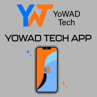 YoWAD Tech logo above smartphone graphic with app logo on screen, blue and orange design on a gray background.