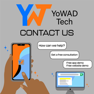 Contact us advertisement. Hands holding a phone & desktop, logos, and speech bubbles.
