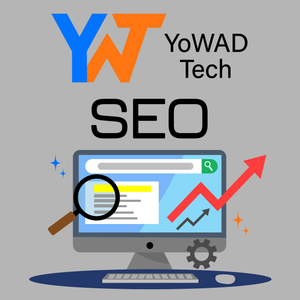 YoWAD Tech SEO logo with computer screen, magnifying glass, and upward trending graph.