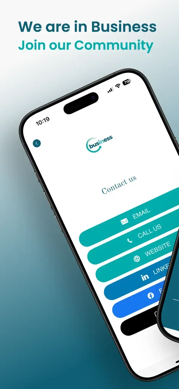 Two phones display a contact list with the business slogan, 