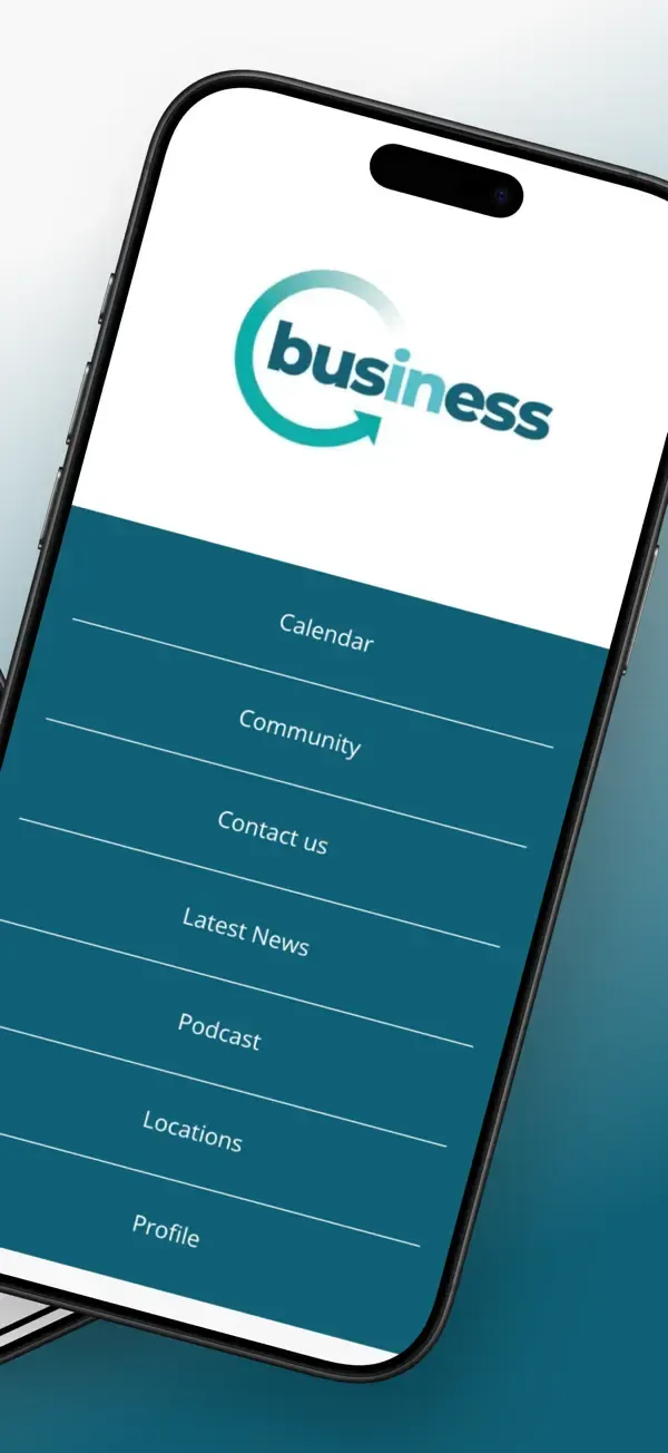Smartphone app interface with menu options; teal and white colors, text-based.