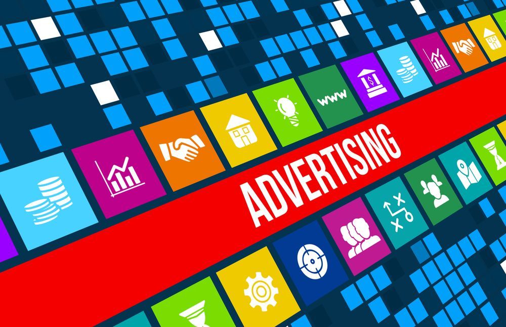 The word advertising is surrounded by colorful squares and icons.