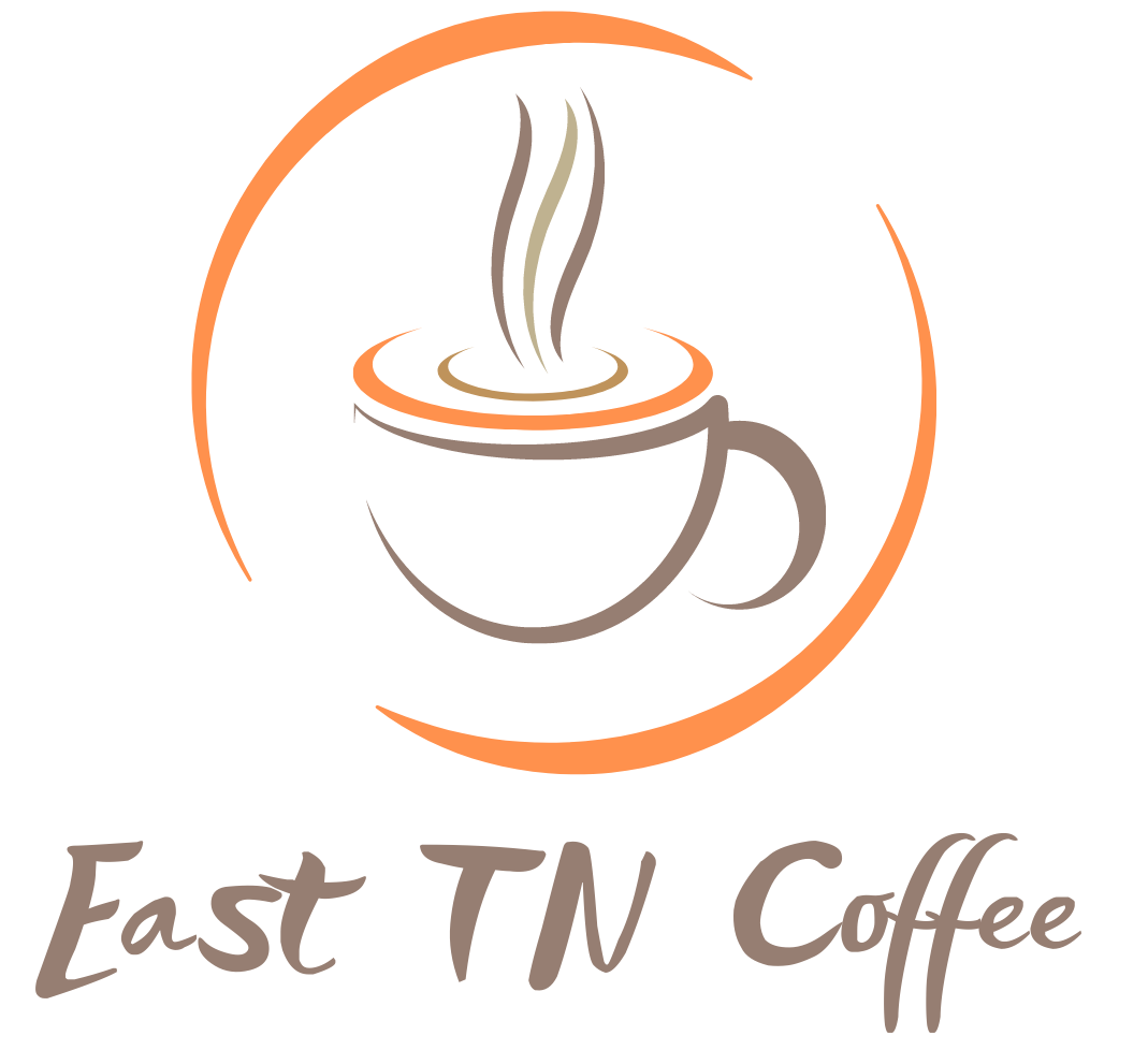 The logo for east tn coffee shows a cup of coffee with steam coming out of it.