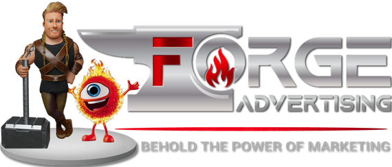 The logo for forge advertising shows a flame and the words `` behold the power of marketing ''.