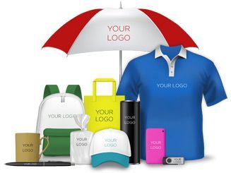 A bunch of t-shirts , hats , backpacks , umbrellas , and other promotional items.