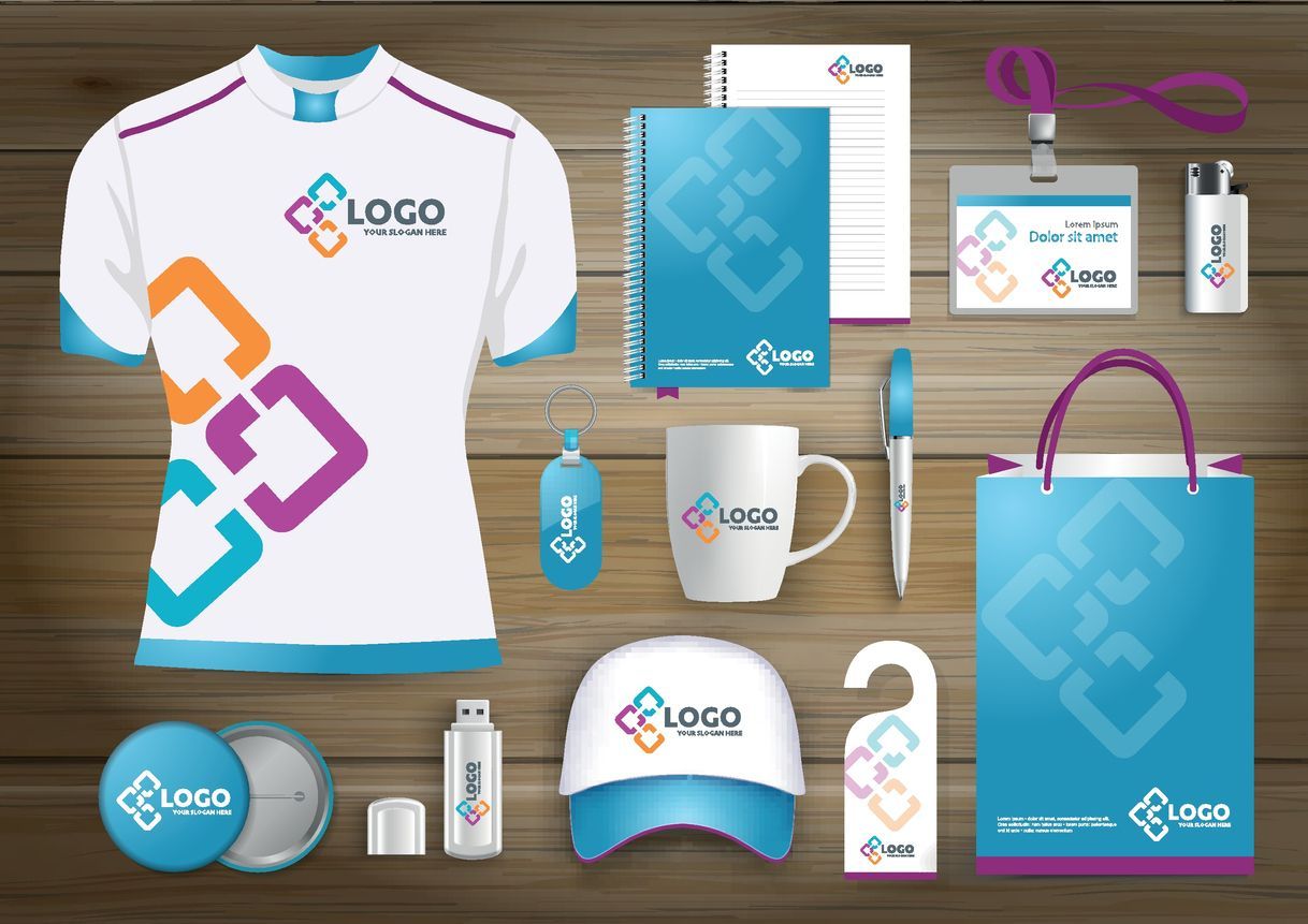 Set of assorted promotional products to showcase business logo.