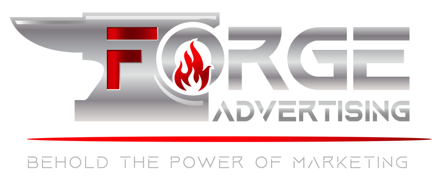 The logo for forge advertising shows a flame and the words `` behold the power of marketing ''.