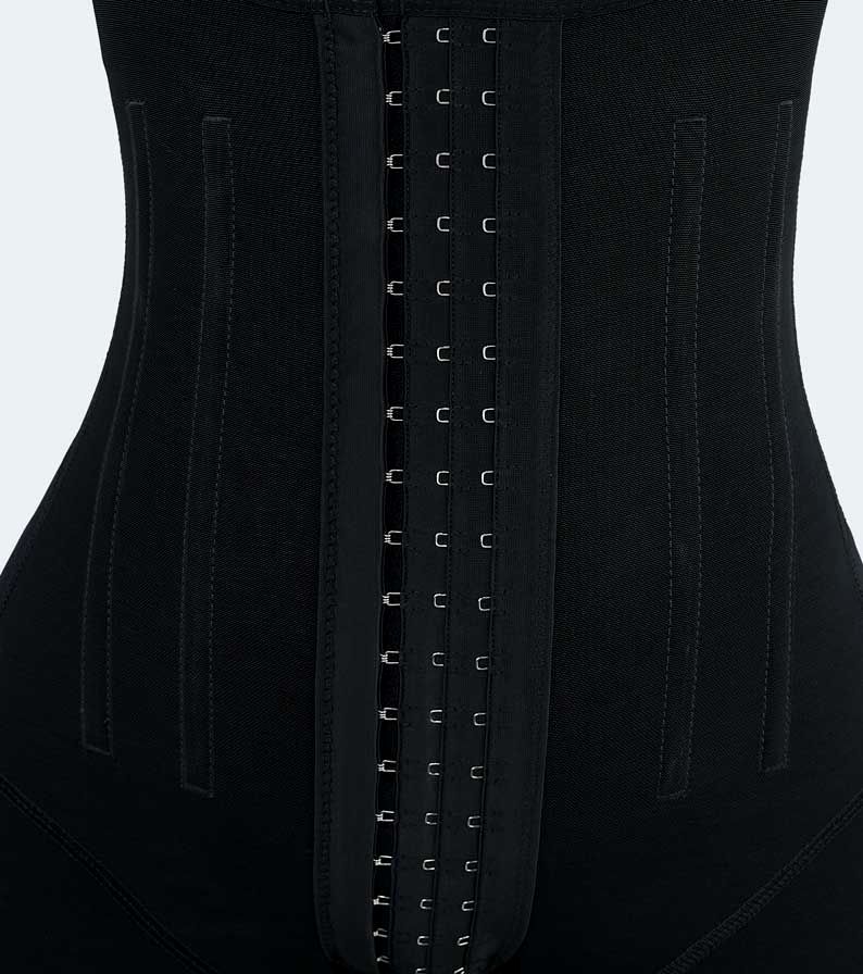 Black waist trainer with multiple hooks, shown frontally.