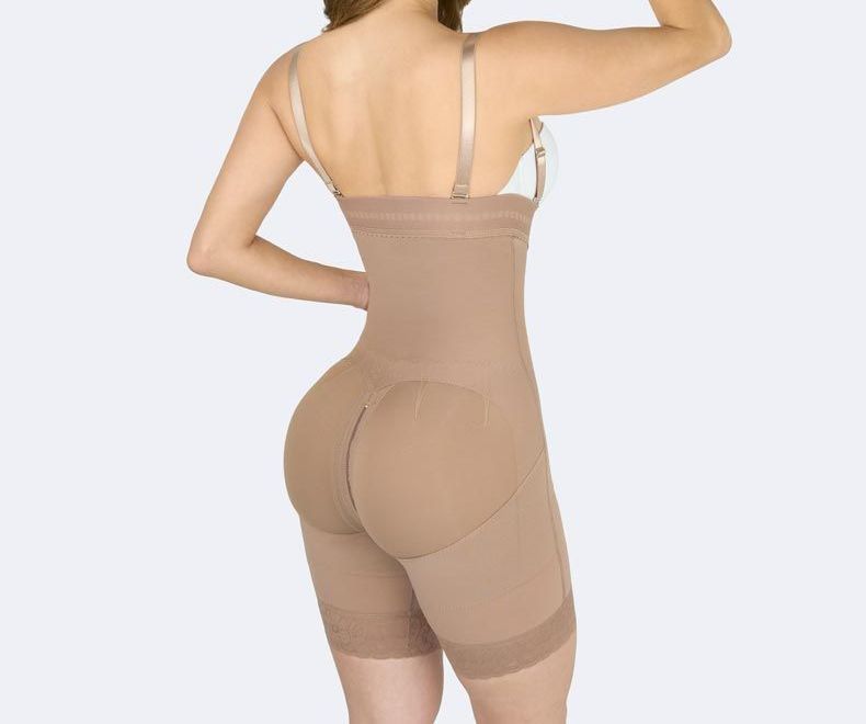Tan full body shaper garment worn by a person, back view.