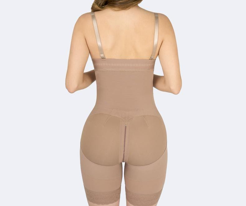 Tan shapewear bodysuit, back view, with adjustable straps, and buttock enhancement.