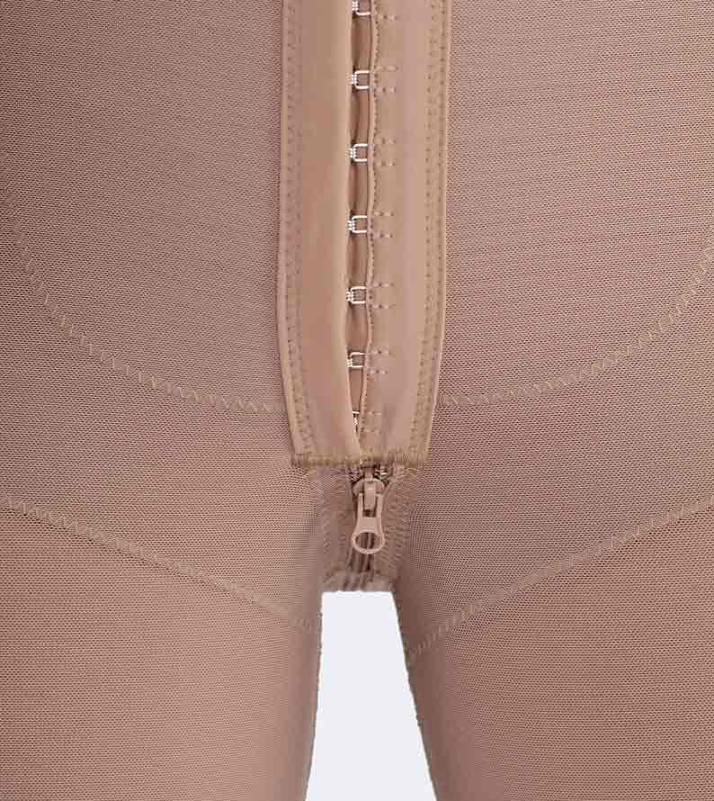 Beige compression garment with hooks, zipper, and leg openings.