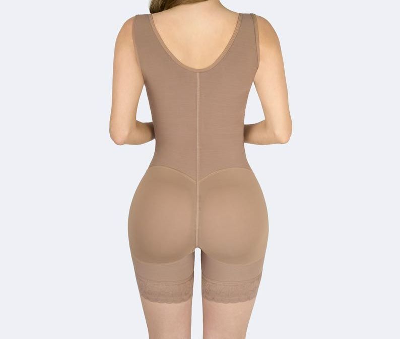 Tan body shaper garment worn from shoulders to upper thighs, rear view.
