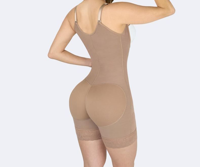 Tan compression bodysuit, rear view.