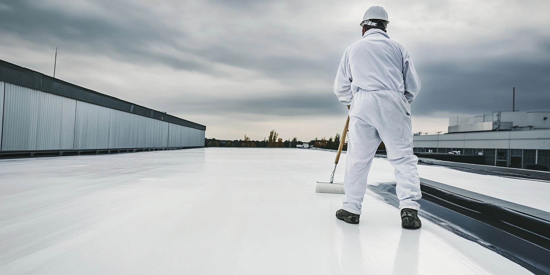A man in a white suit is standing on top of a snow covered roof.