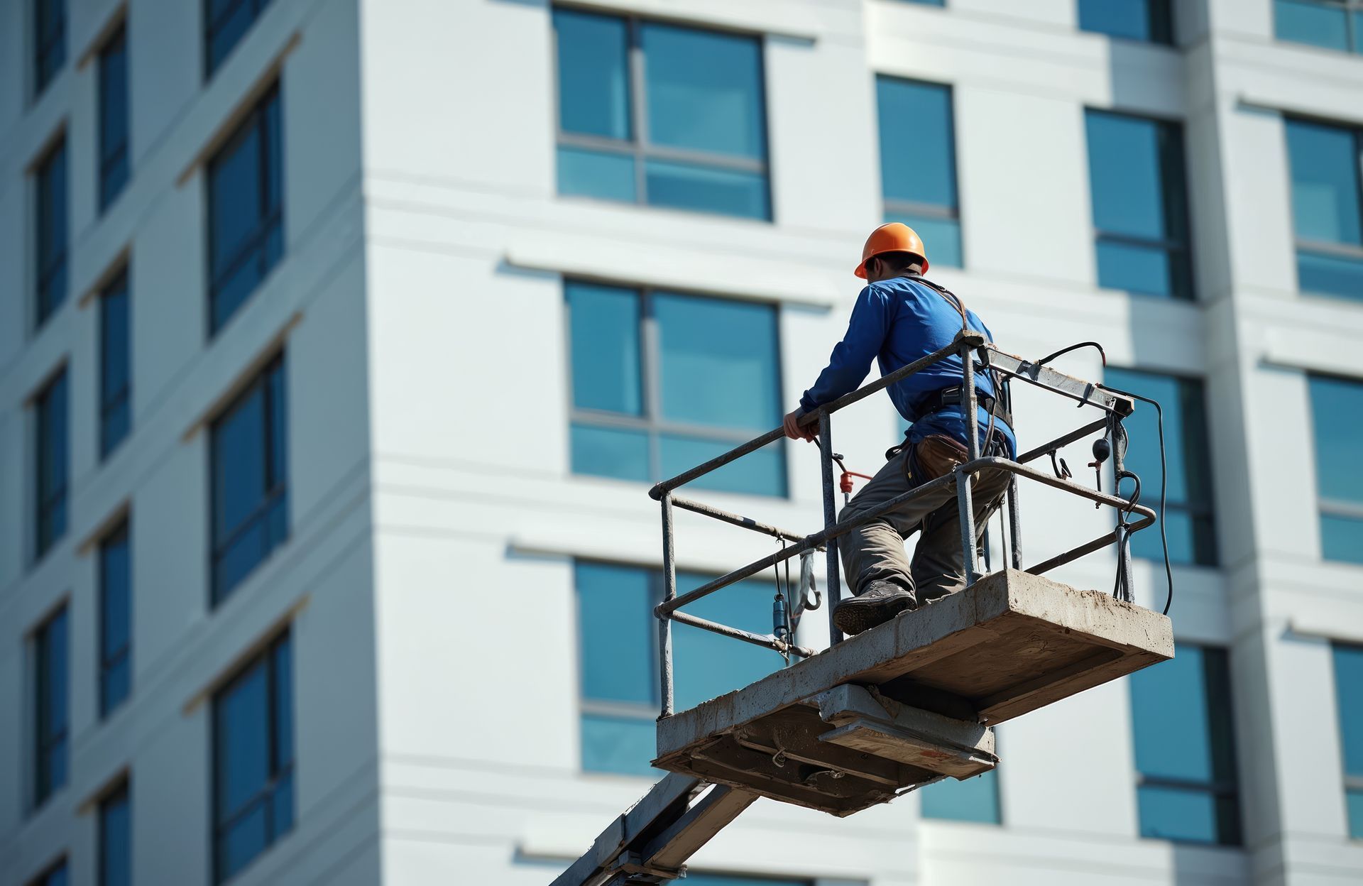 A man is standing on a lift in front of a tall building.