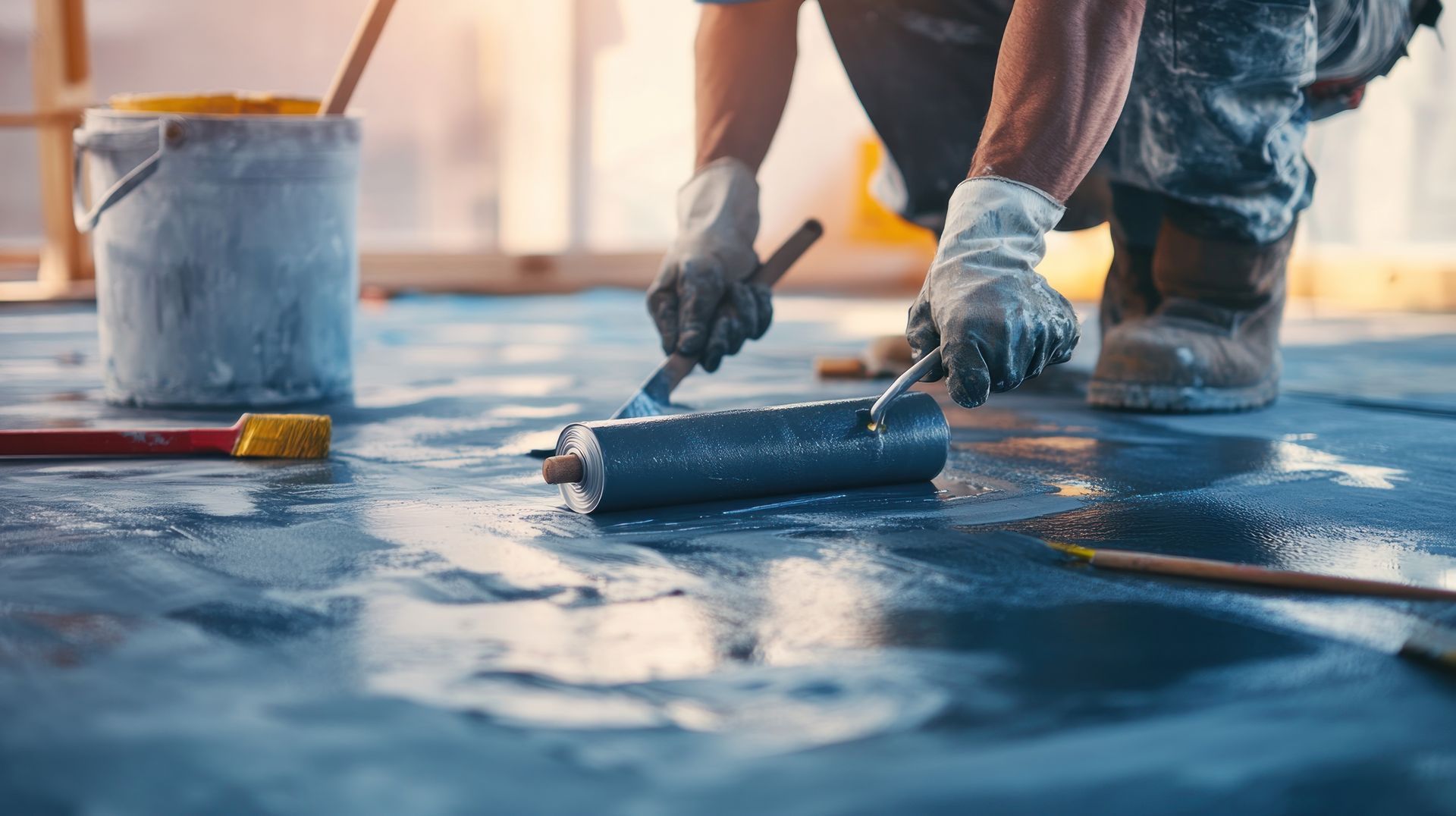 A man is painting a concrete floor with a roller.