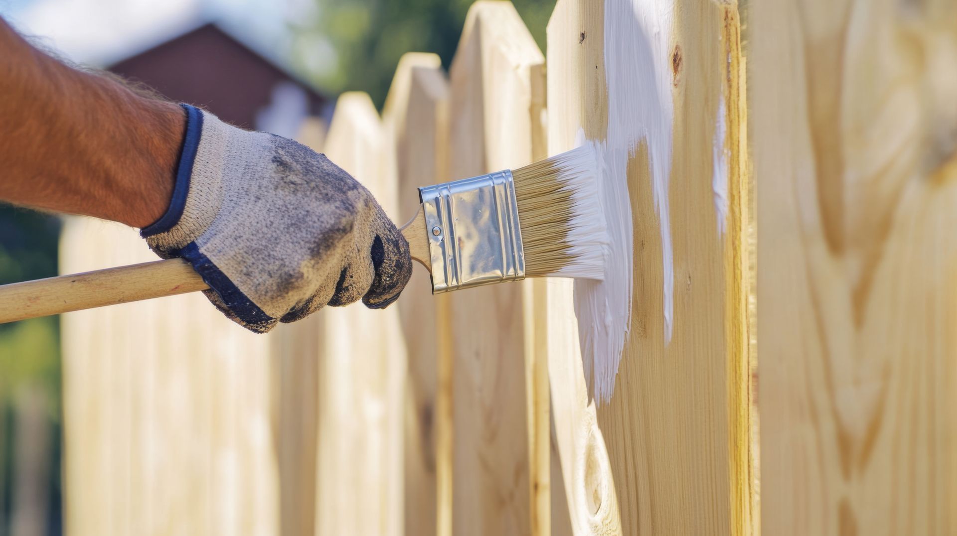 A person is painting a wooden fence with a brush.