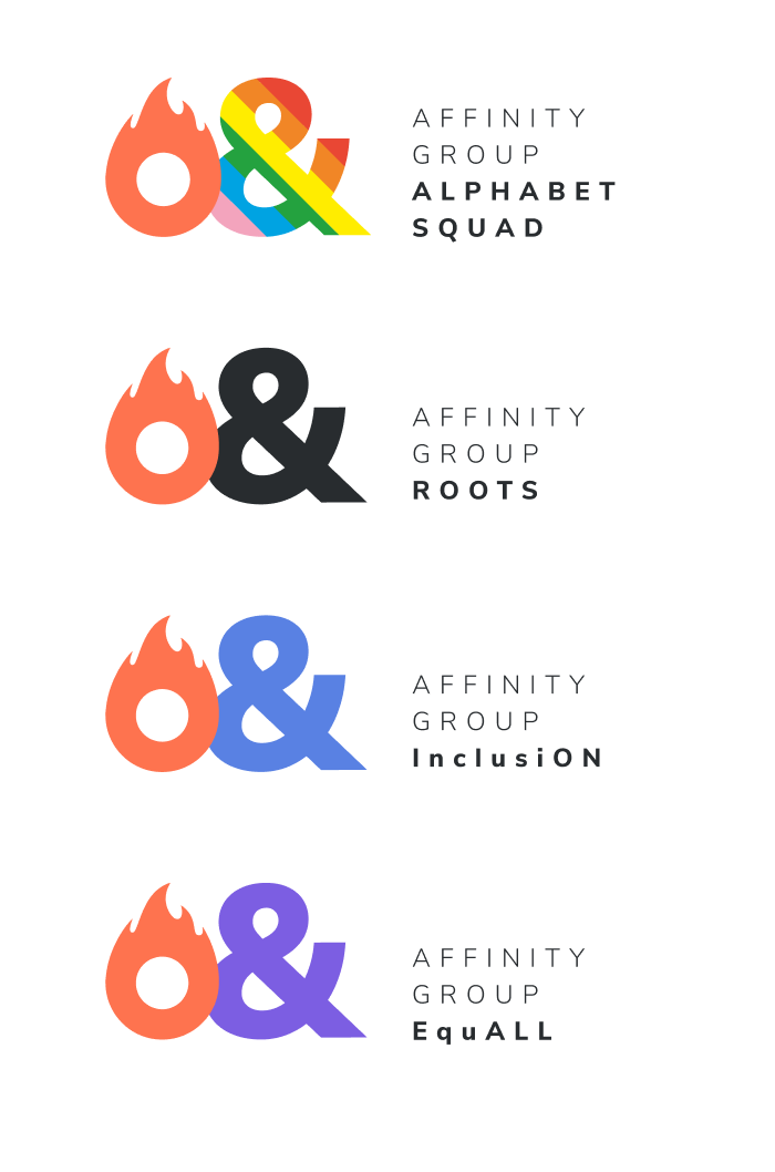 Quatro logotipos diferentes para uma empresa chamada affinity group roots