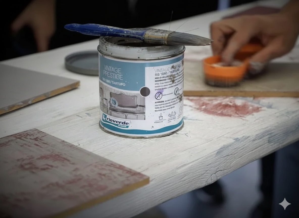 Dipingere con un pennello e una bomboletta su una superficie bianca con campioni di legno dipinti. Immergere la mano in una tazza arancione.