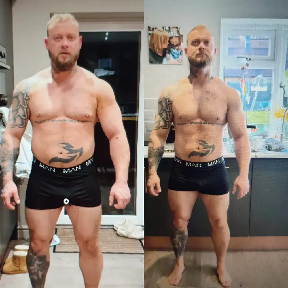 Before and after body transformation. Man with tattoos in black shorts, standing indoors.