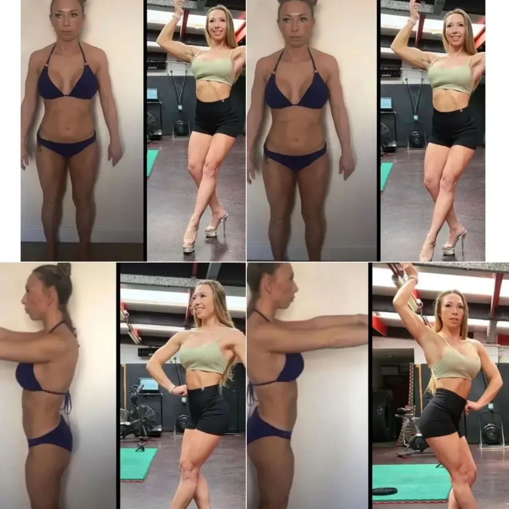 Woman in bikini/workout clothes poses in front of a wall; before/after photos showcasing fitness transformation.