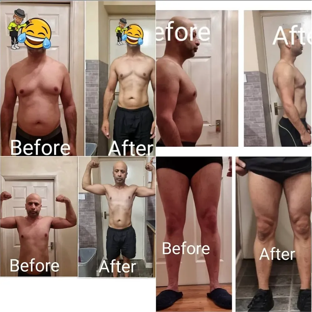 Weight loss transformation: Side-by-side photos of a man, before and after, showing reduced body fat and increased muscle definition.