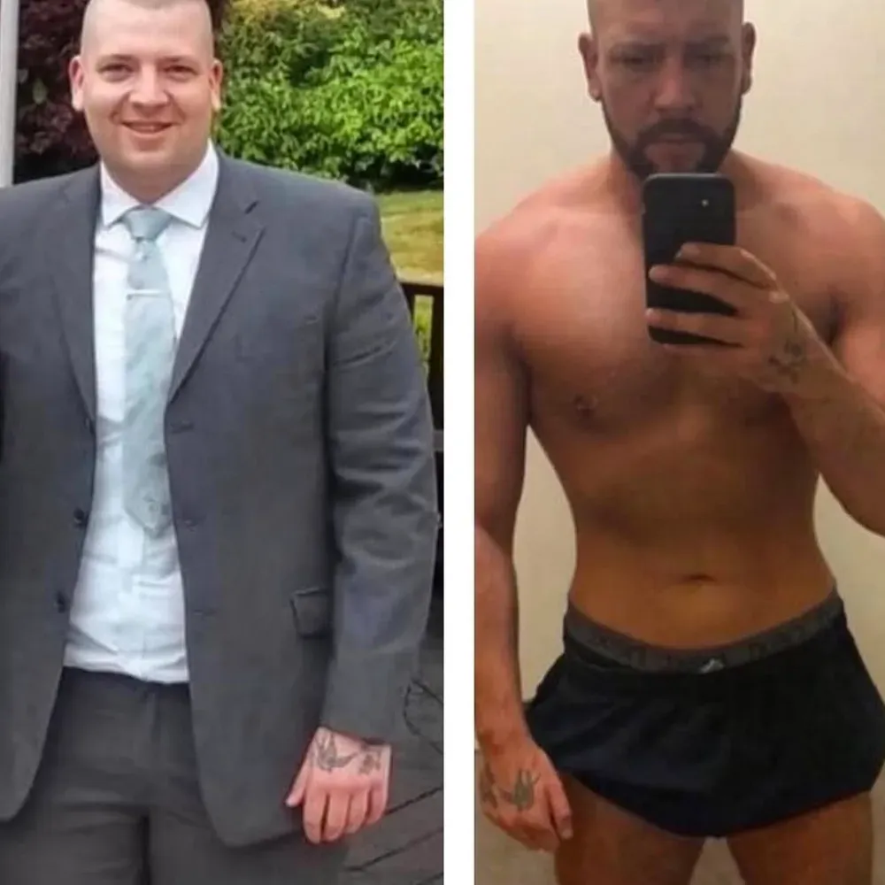 Man in suit vs. shirtless, fit, holding phone, showing weight loss transformation.