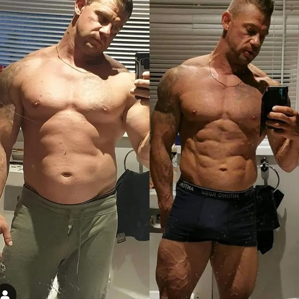 Side-by-side comparison of a muscular person. Left: casual clothes, visible midsection. Right: underwear, more defined physique.