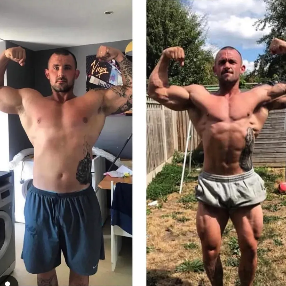 Before-and-after of a man flexing his muscles. He is shirtless with tattoos, and wearing shorts, in front of a kitchen and outdoors.