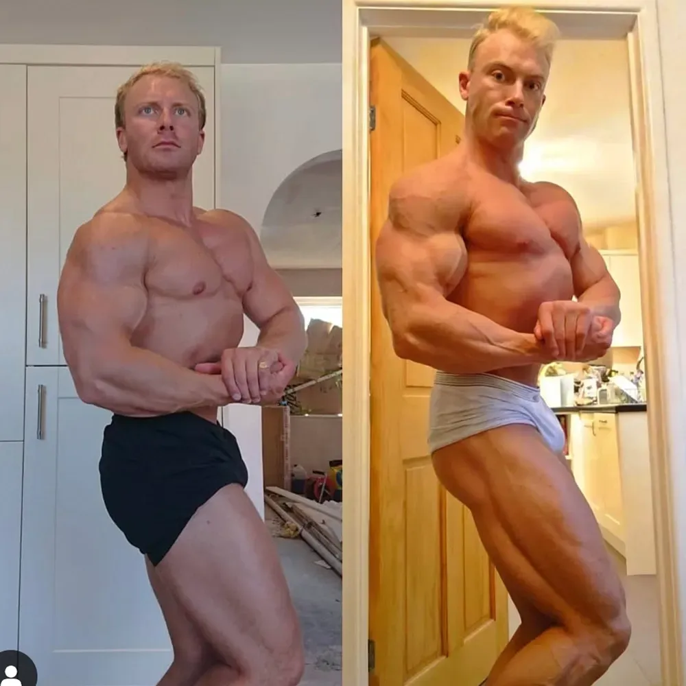 Two photos of a bodybuilder flexing. Left photo: black shorts. Right photo: white underwear. Both poses show large muscles and tan skin.