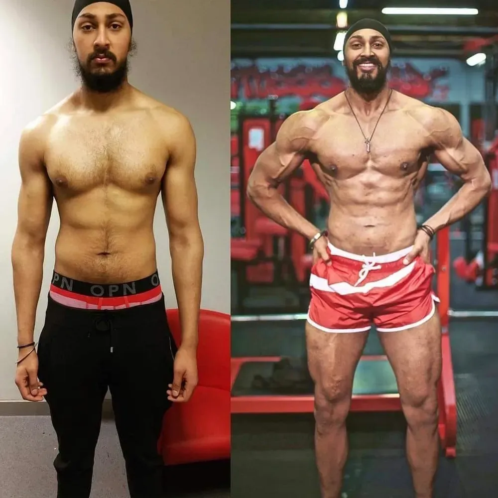 Side-by-side comparison of a man, shirtless, showing a before and after physique change from less muscular to very muscular.