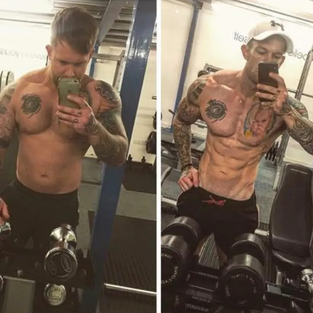 Two photos of a man flexing in a gym, before and after a body transformation.