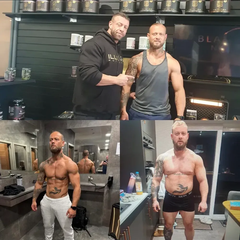 Four photos of muscular man at different stages of fitness. One with another man.