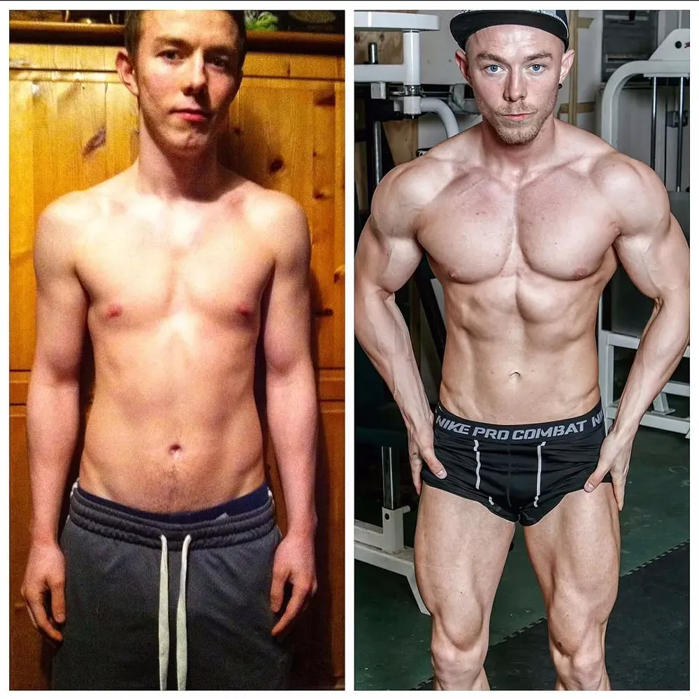 Transformation photo: Man before and after working out, with visibly increased muscle mass.